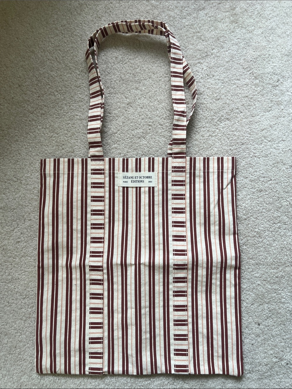 Sézane 🇫🇷 Octobre Editions Striped Canvas Market Tote Bag Cream Burgundy NEW